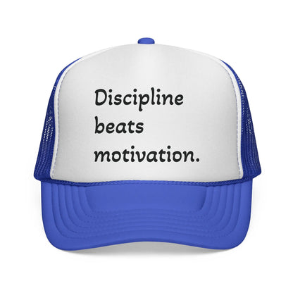 Discipline Beats Motivation Trucker Cap - Motivational Hat, Sports Cap, Fitness Gift, Outdoor Hat, Casual Wear Printify