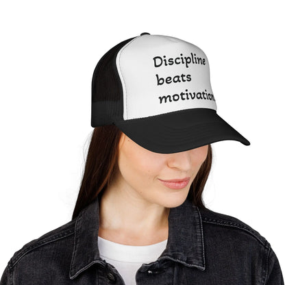 Discipline Beats Motivation Trucker Cap - Motivational Hat, Sports Cap, Fitness Gift, Outdoor Hat, Casual Wear Printify