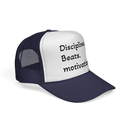 Discipline Beats Motivation Trucker Cap - Motivational Hat, Sports Cap, Fitness Gift, Outdoor Hat, Casual Wear Printify