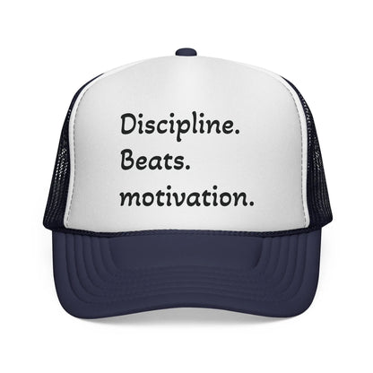 Discipline Beats Motivation Trucker Cap - Motivational Hat, Sports Cap, Fitness Gift, Outdoor Hat, Casual Wear Printify