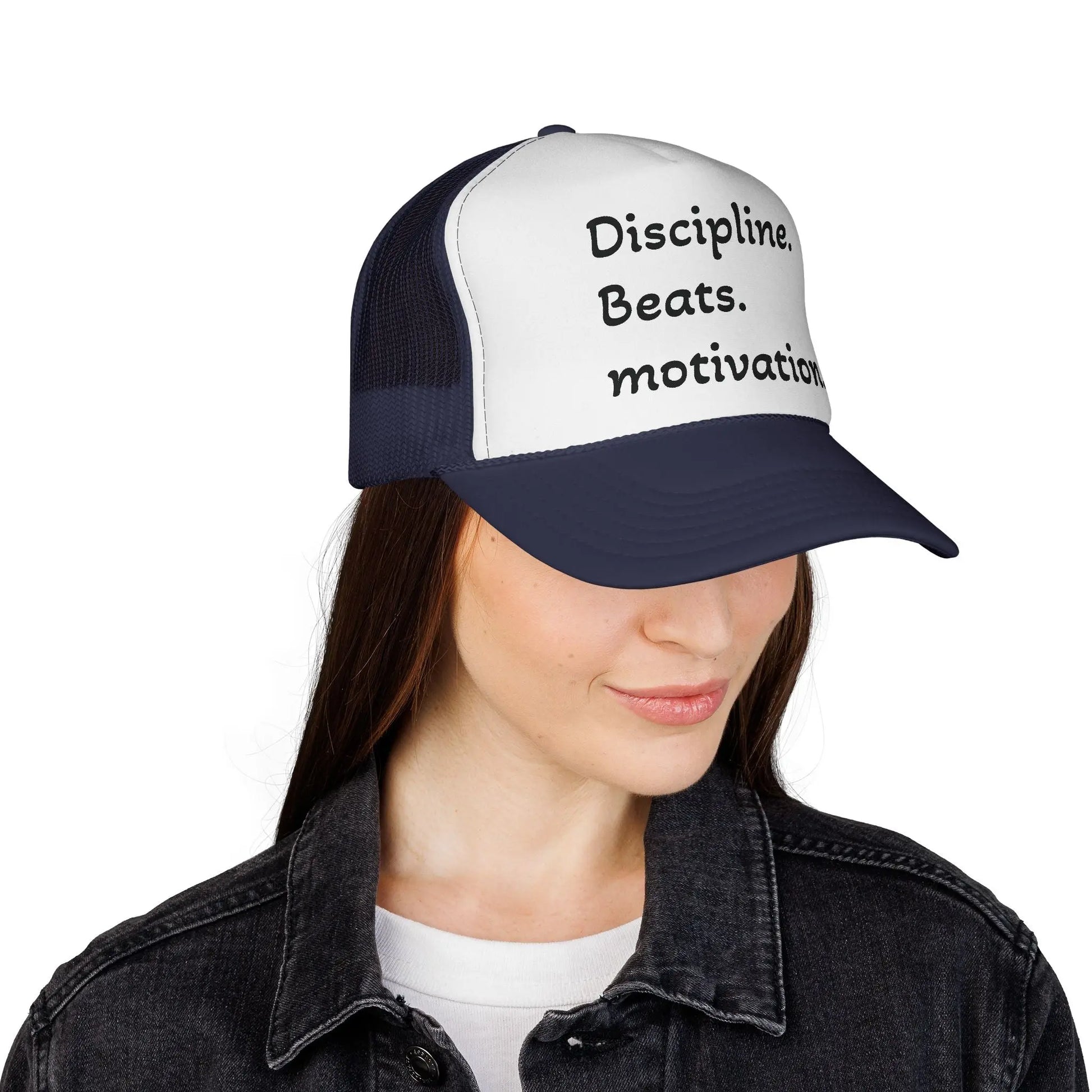 Discipline Beats Motivation Trucker Cap - Motivational Hat, Sports Cap, Fitness Gift, Outdoor Hat, Casual Wear Printify